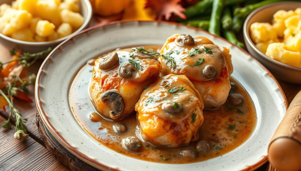 Chicken thighs with mushroom gravy